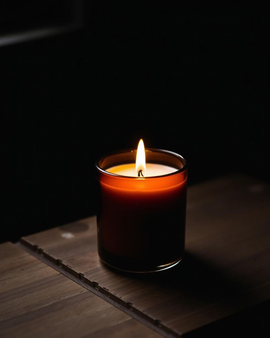 A hand-poured soy candle lit on a wooden workbench