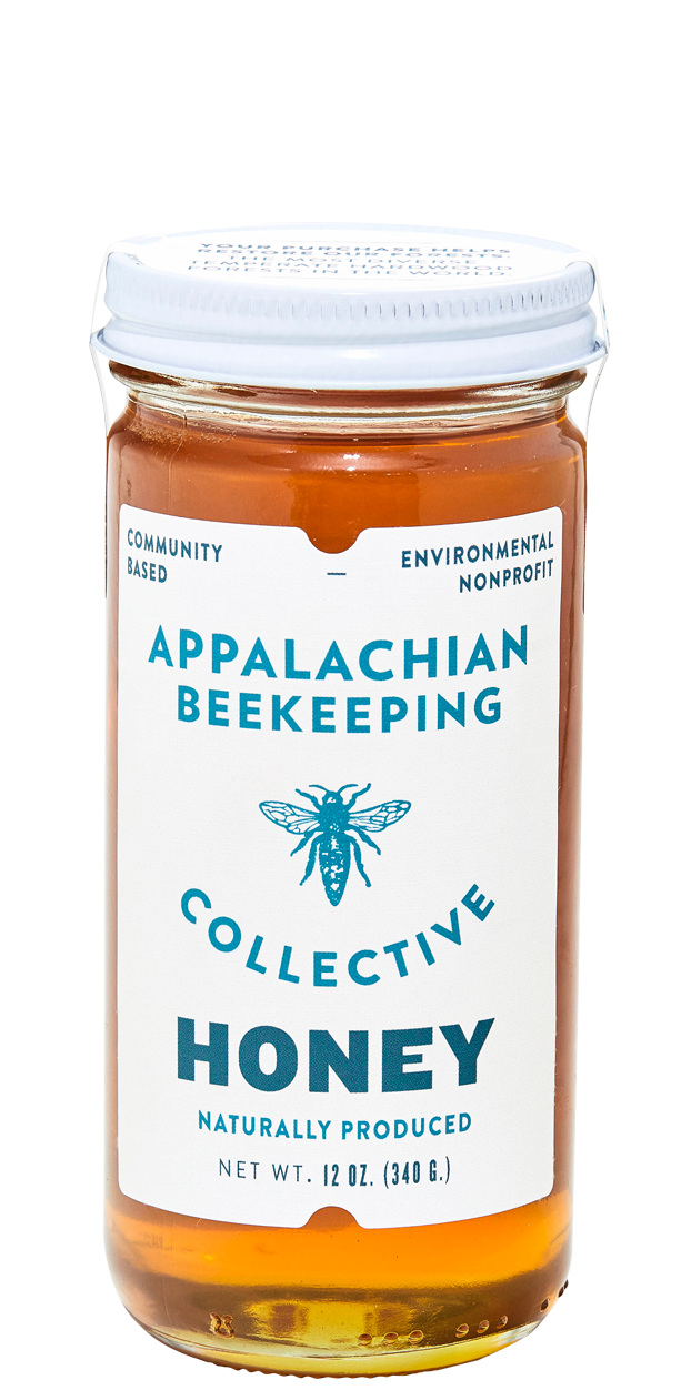 Jar of Appalachian Beekeeping Collective honey on a white background