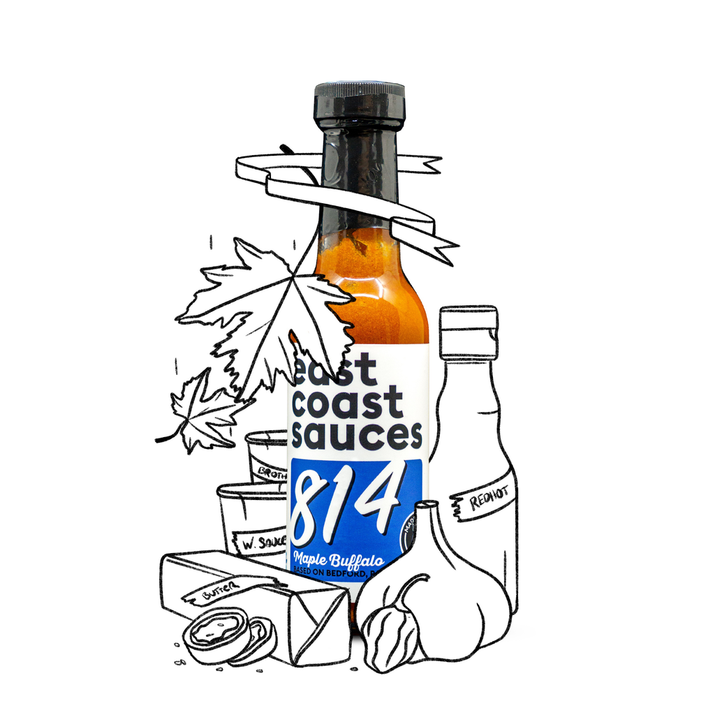 Bottle of Fast Coast Sauces 814 with black and white illustrations on a white background