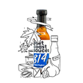 Bottle of Fast Coast Sauces 814 with black and white illustrations on a white background