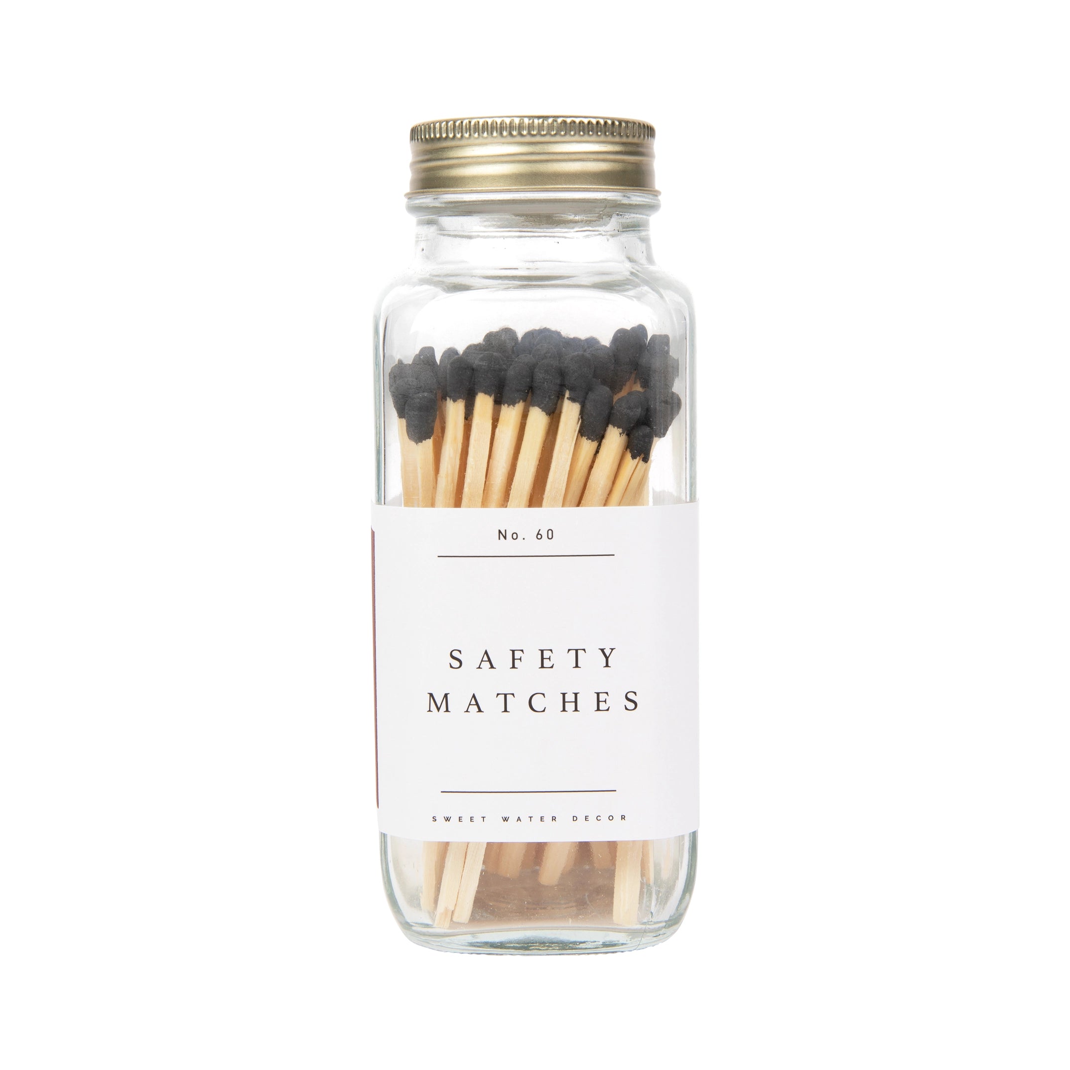 Jar of safety matches with a white label on a white background