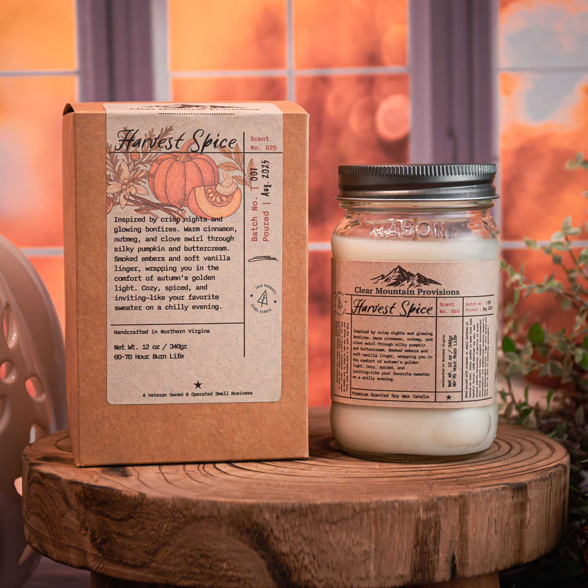 Autumn candle in glass jar on rustic wood table – Harvest Spice fragrance