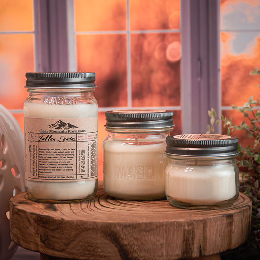 Clear Mountain Provisions Fallen Leaves Soy Wax Candle with earthy notes of cedarwood and moss