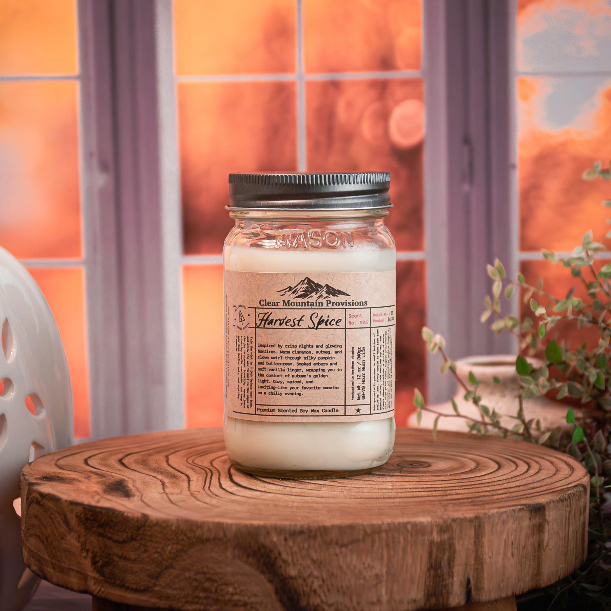 Autumn candle in glass jar on rustic wood table – Harvest Spice fragrance
