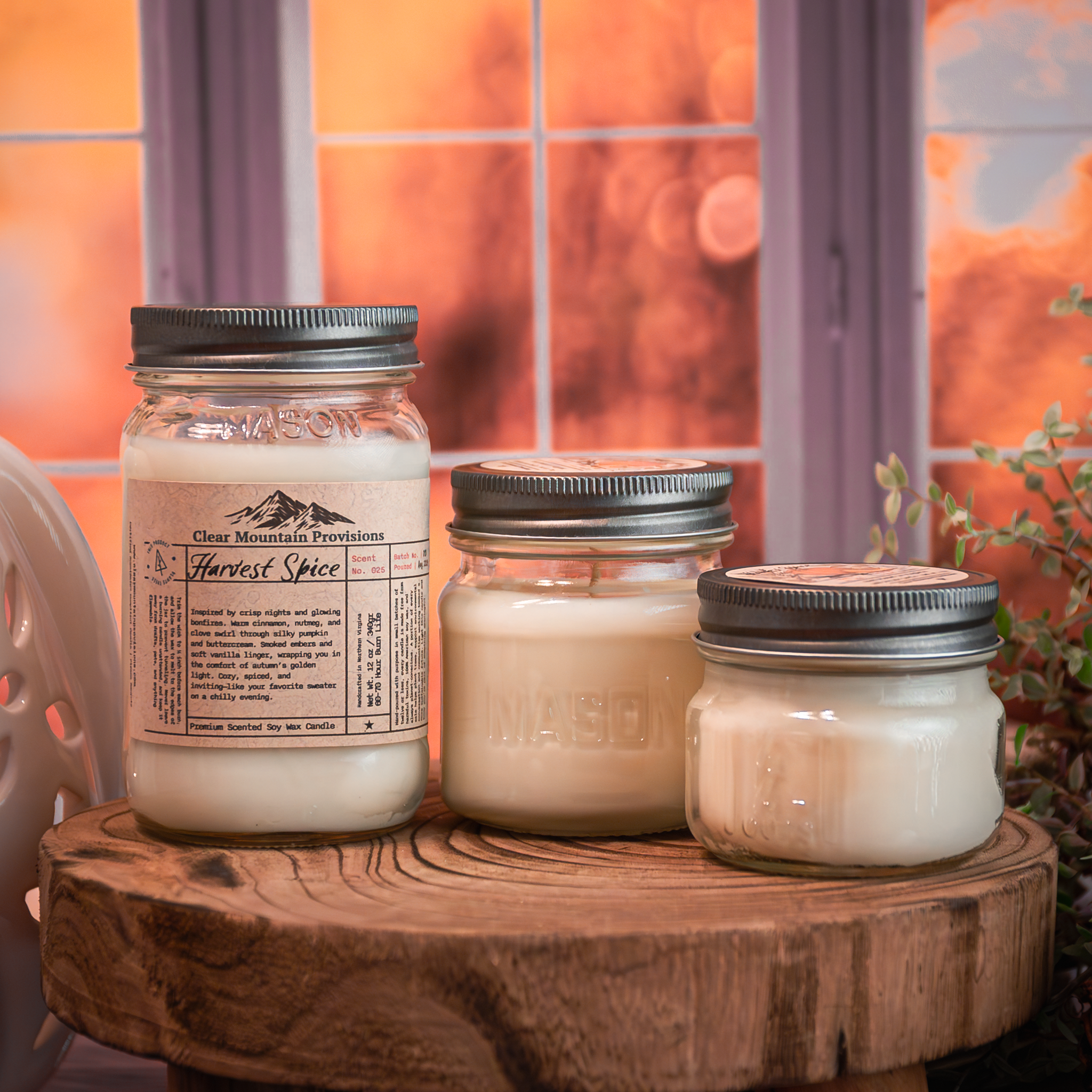 Clear Mountain Provisions Harvest Spice Soy Wax Candle with cinnamon, nutmeg, and pumpkin notes