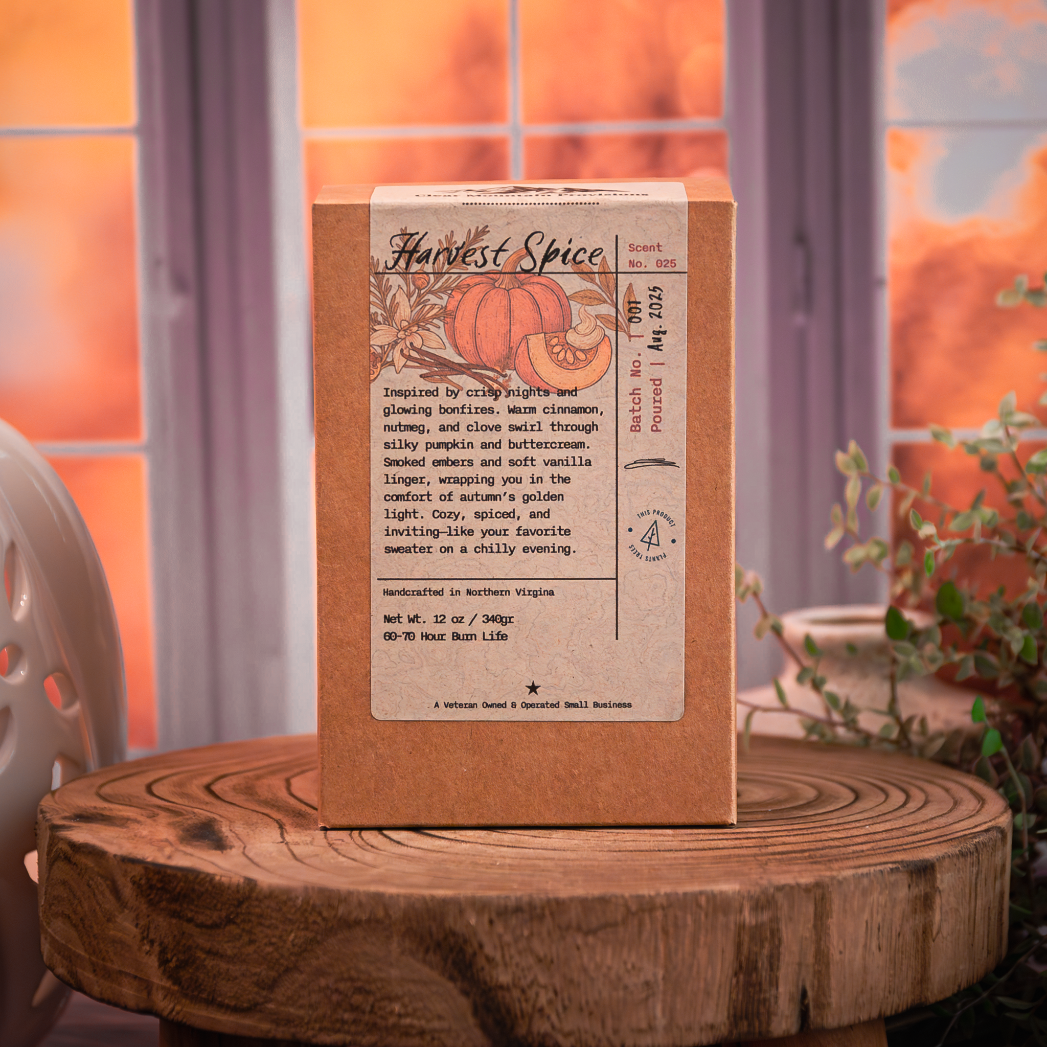 Autumn candle in glass jar on rustic wood table – Harvest Spice fragrance