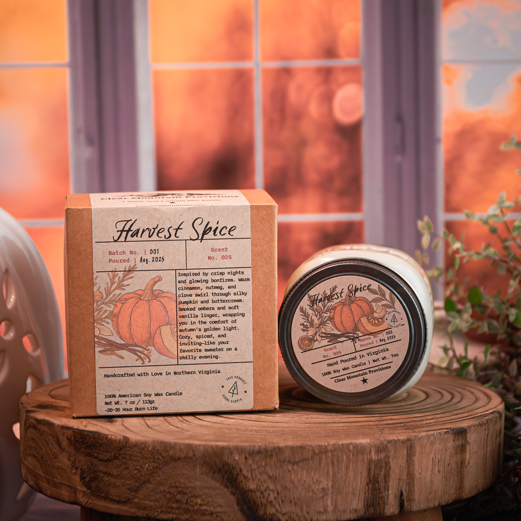 Autumn candle in glass jar on rustic wood table – Harvest Spice fragrance