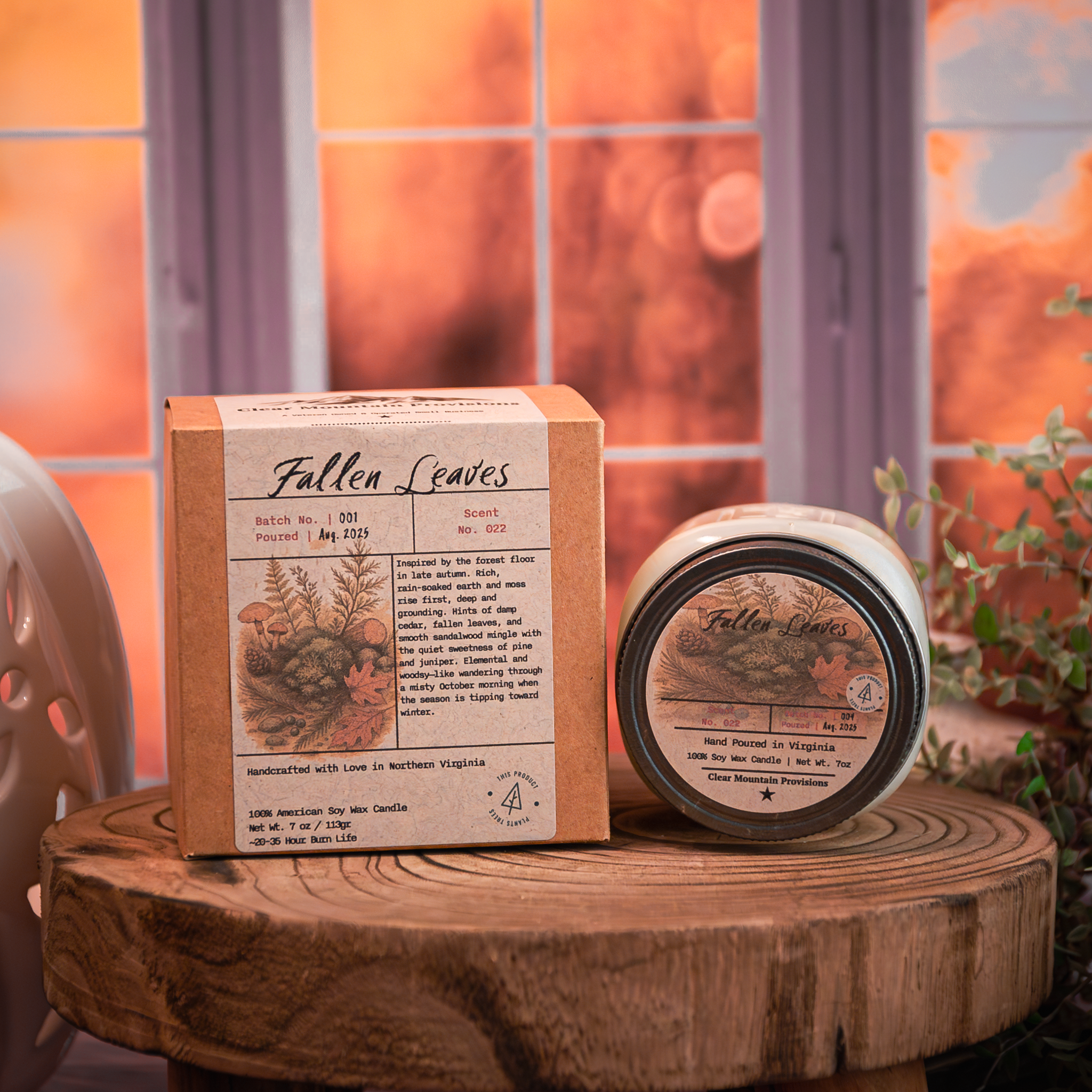 Clear Mountain Provisions Fallen Leaves Soy Wax Candle with earthy notes of cedarwood and moss