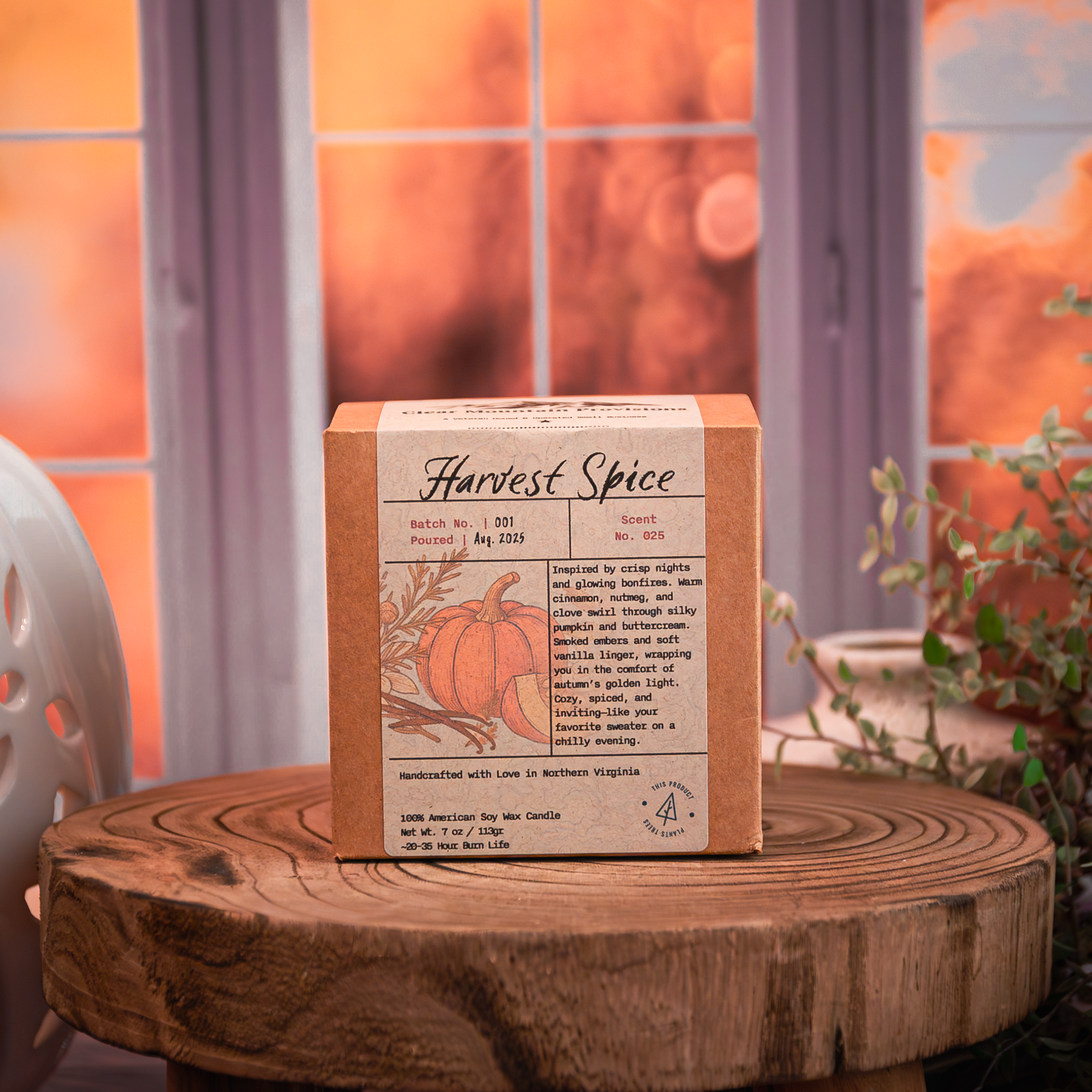 Autumn candle in glass jar on rustic wood table – Harvest Spice fragrance