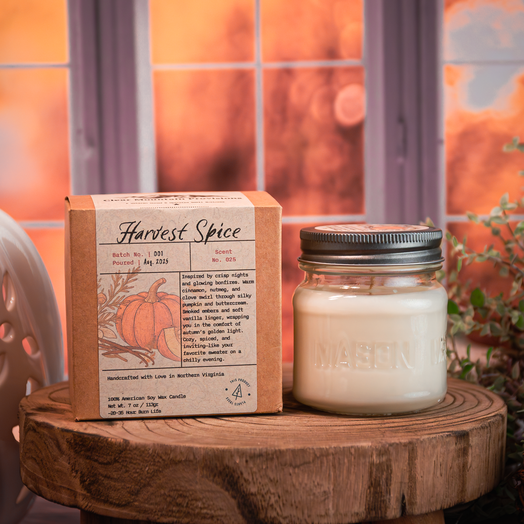 Autumn candle in glass jar on rustic wood table – Harvest Spice fragrance