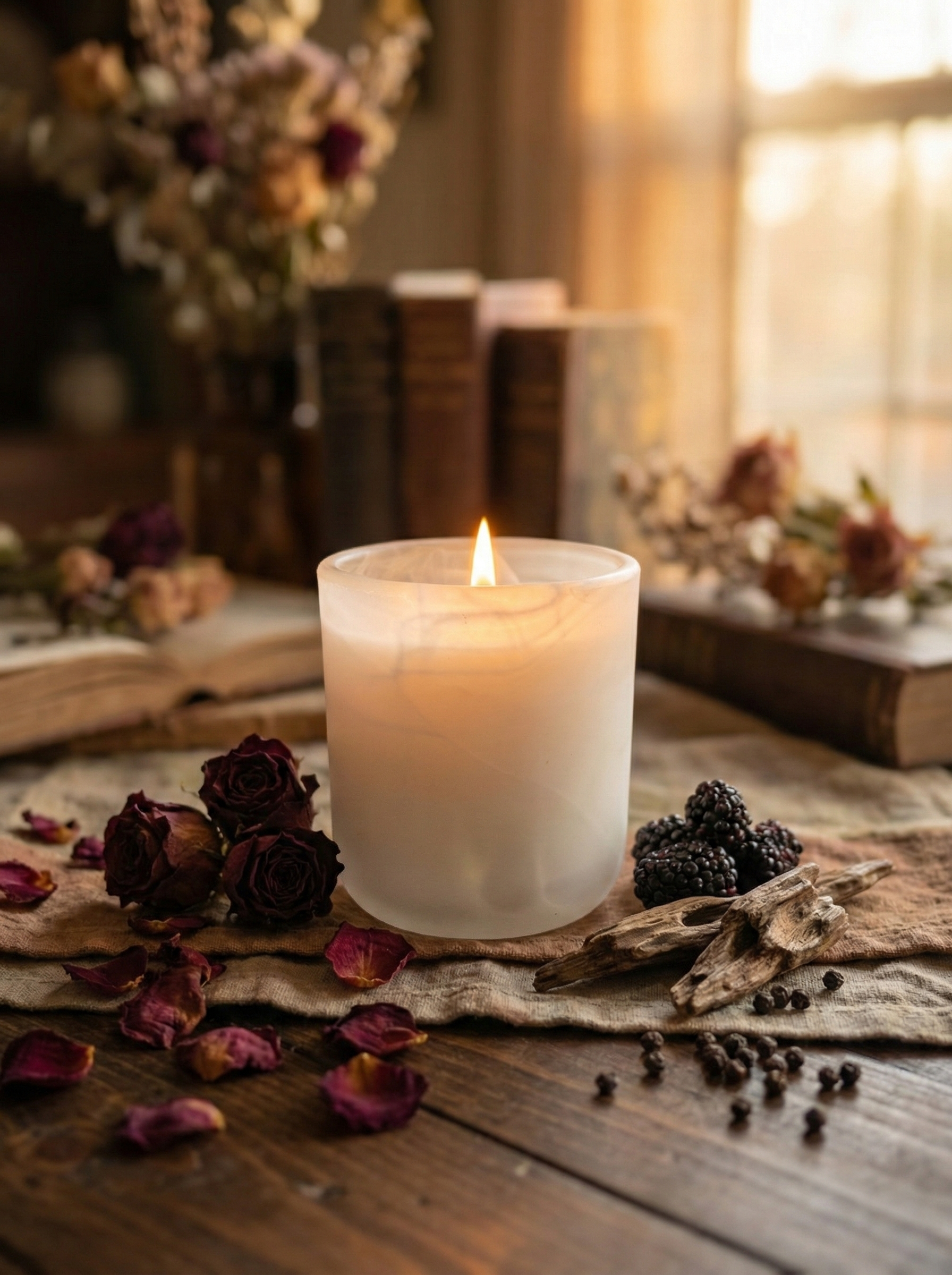 Candle burning on a wooden surface with dried flowers and blackberries