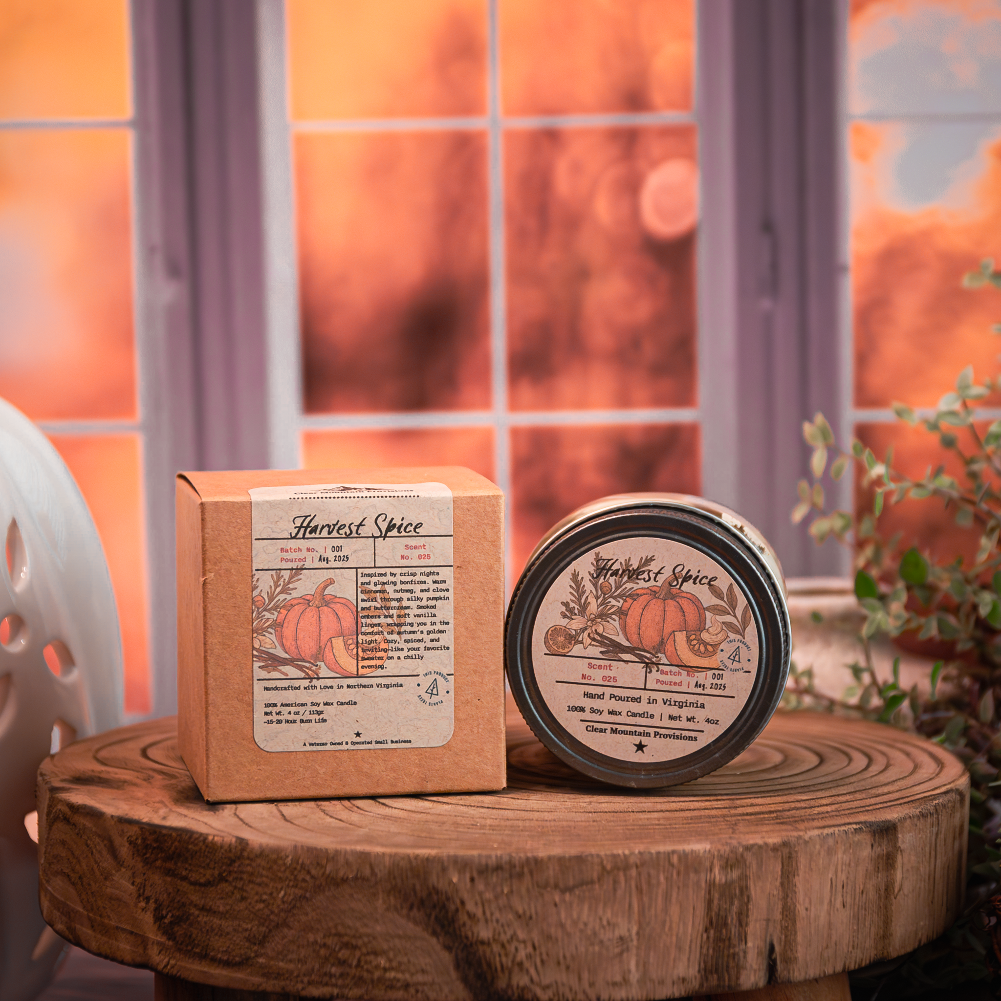 Autumn candle in glass jar on rustic wood table – Harvest Spice fragrance