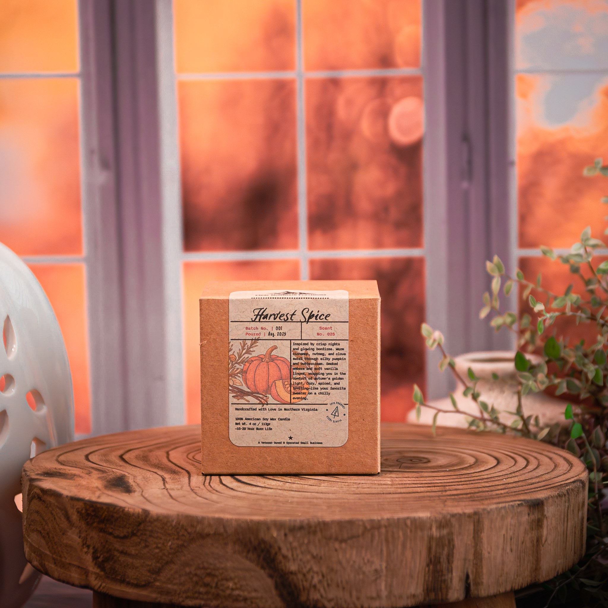 Autumn candle in glass jar on rustic wood table – Harvest Spice fragrance