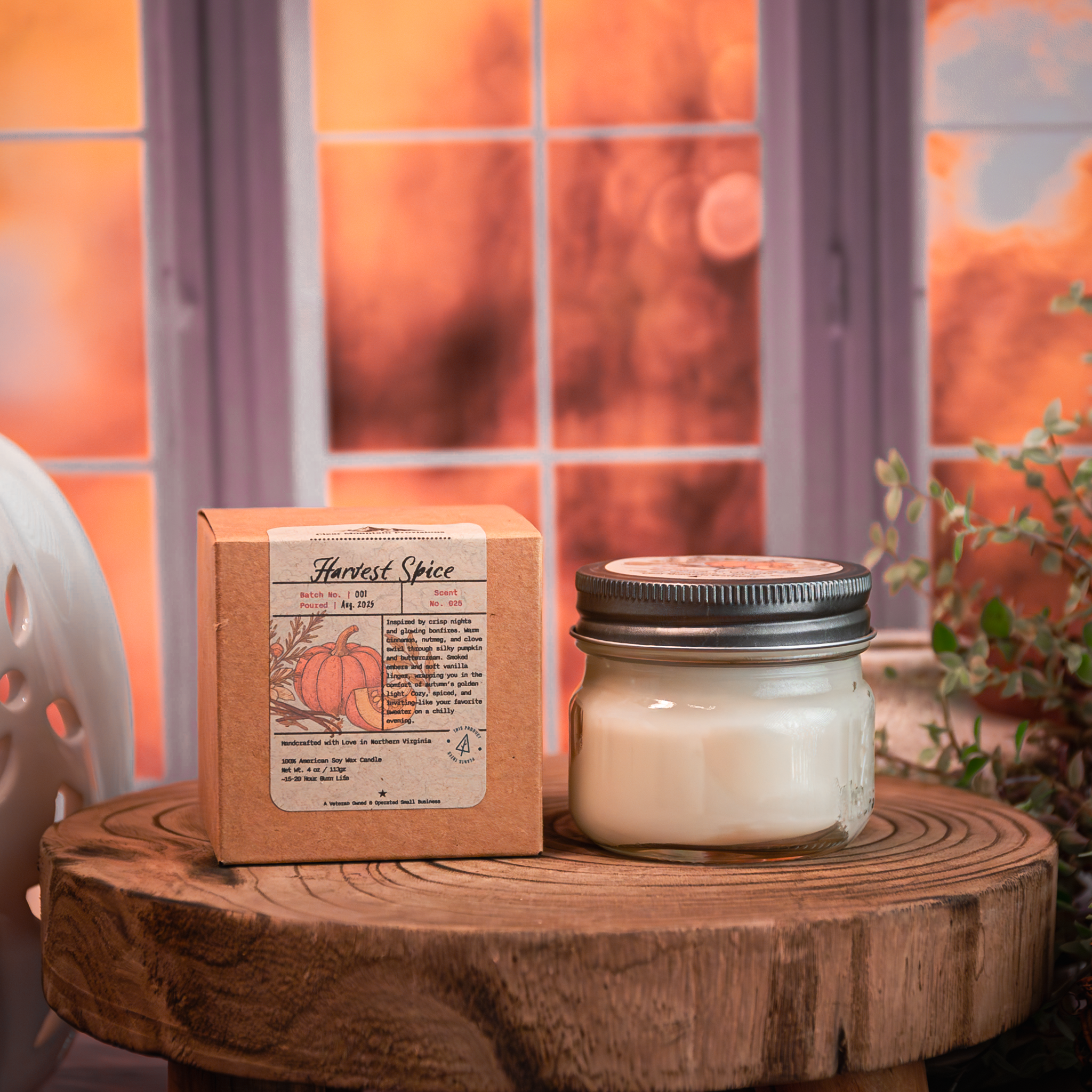 Autumn candle in glass jar on rustic wood table – Harvest Spice fragrance
