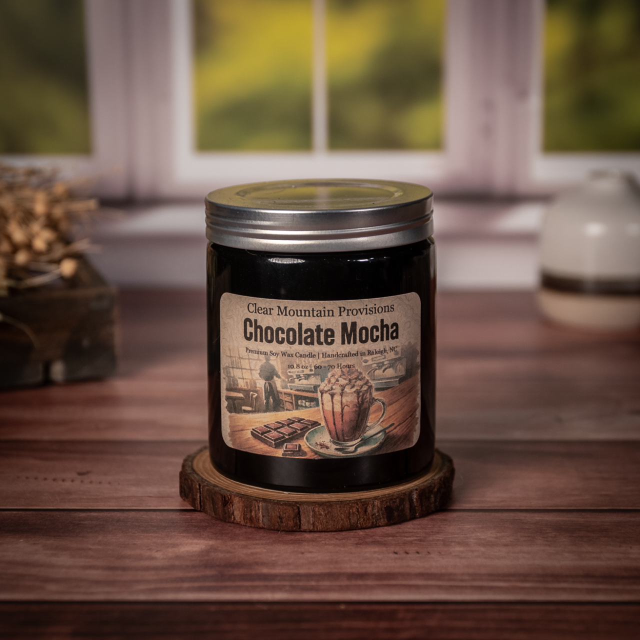 Chocolate Mocha Coffee soy wax candle with notes of fresh coffee, chocolate, and vanilla cream in reusable farmhouse jar