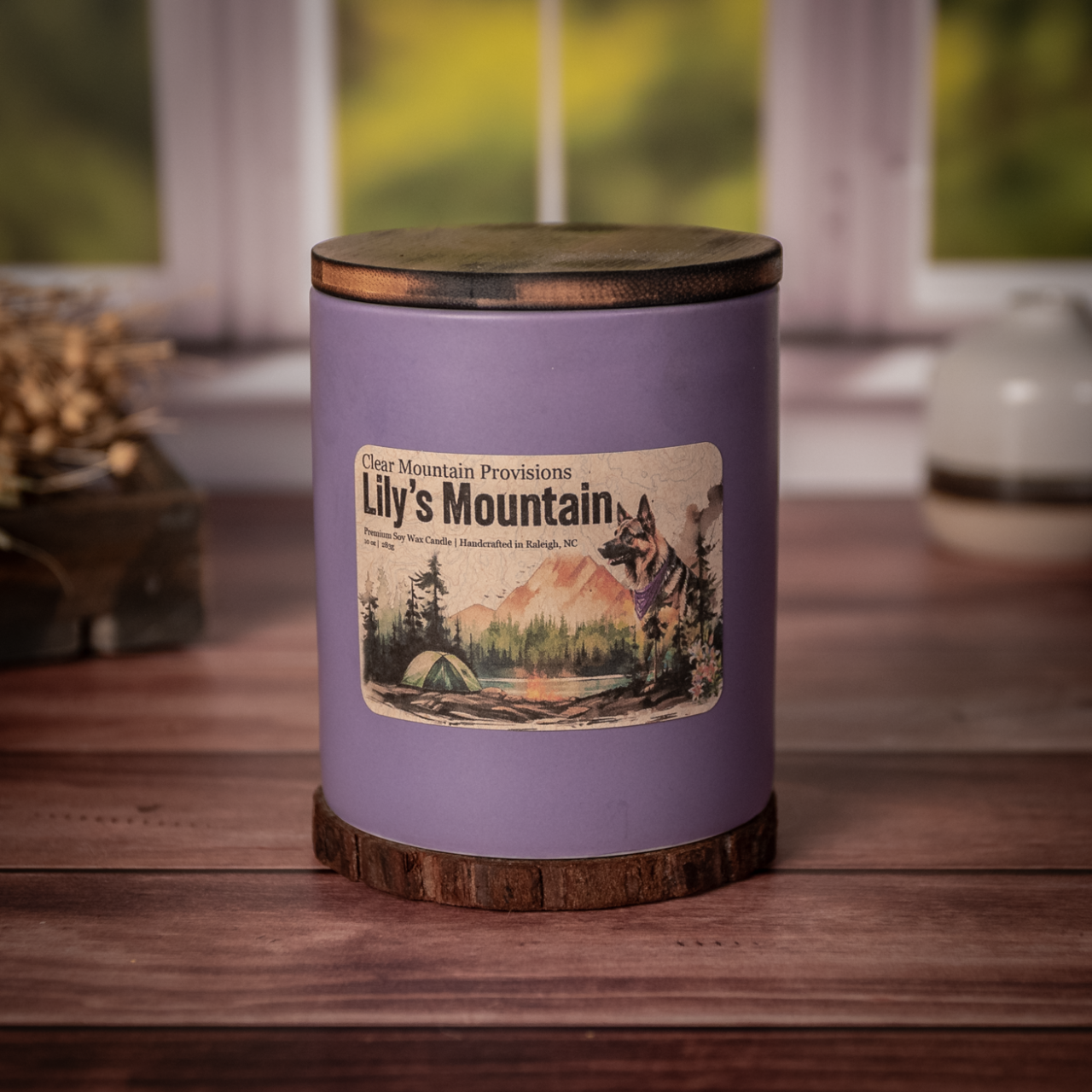 Lily’s Mountain soy wax candle with smoky lavender, pear, and cedar scent in eco-friendly jar