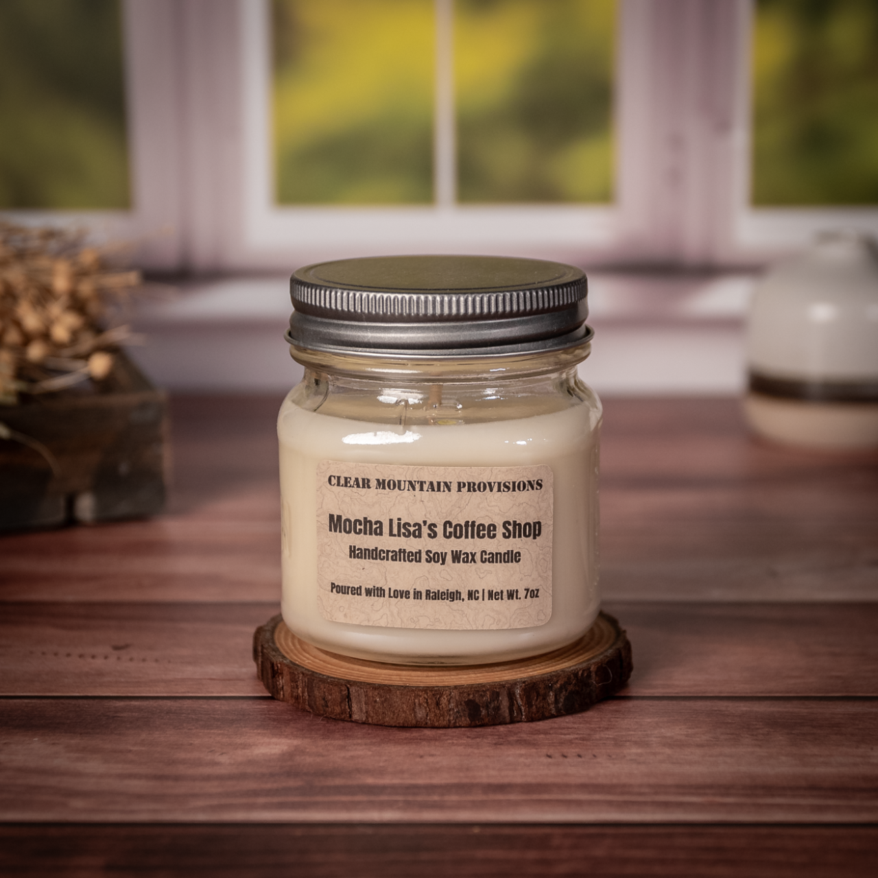 MochaLisa’s Coffee Shop soy wax candle with espresso, maple, and oak scent in eco-friendly reusable jar