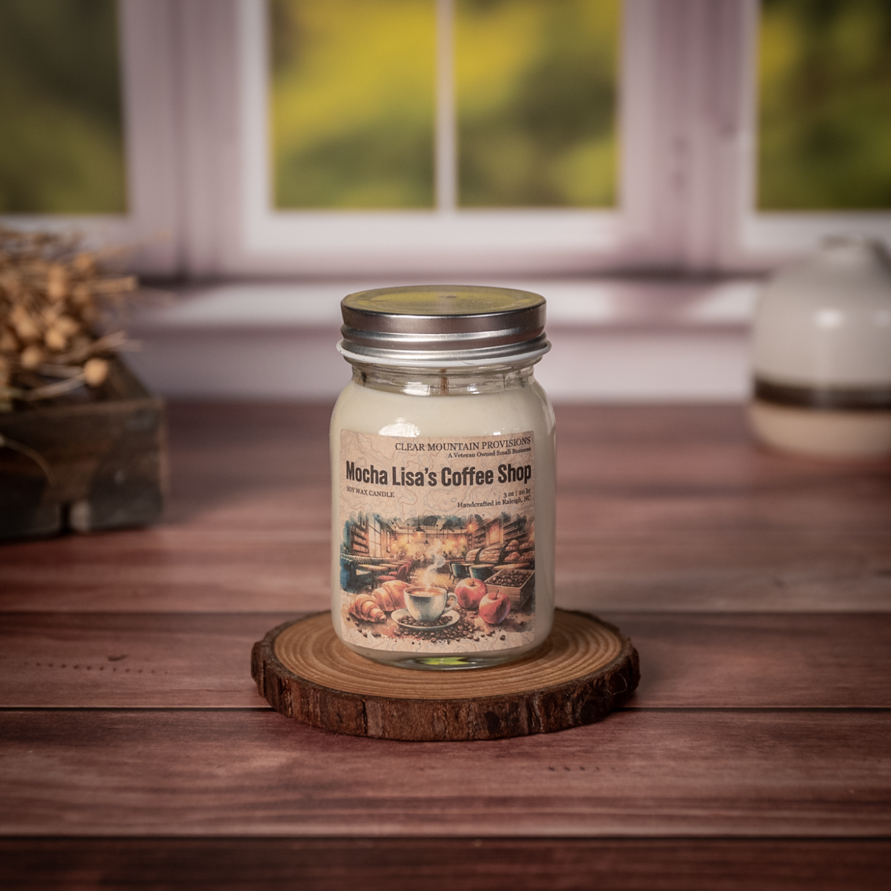 MochaLisa’s Coffee Shop soy wax candle with espresso, maple, and oak scent in eco-friendly reusable jar