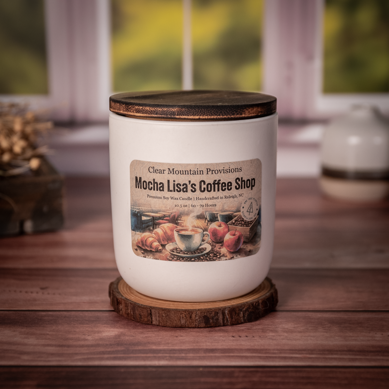 MochaLisa’s Coffee Shop soy wax candle with espresso, maple, and oak scent in eco-friendly reusable jar