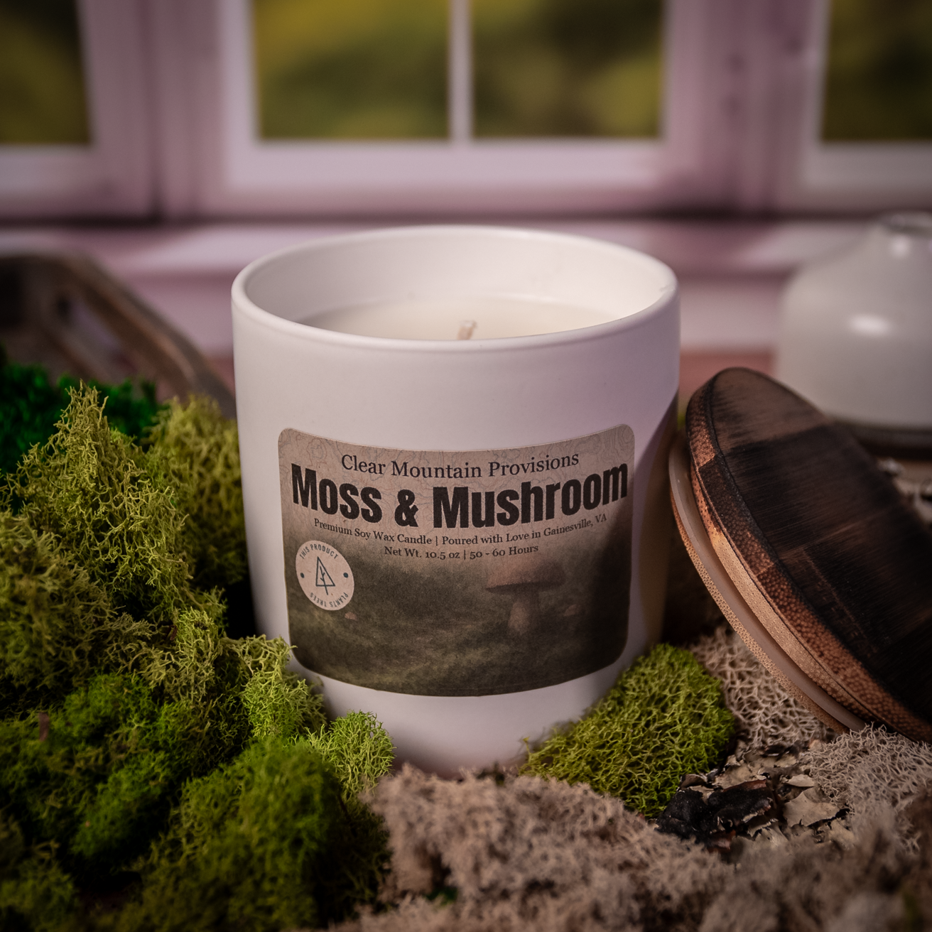 Moss and mushroom soy wax candle with earthy green and sandalwood fragrance