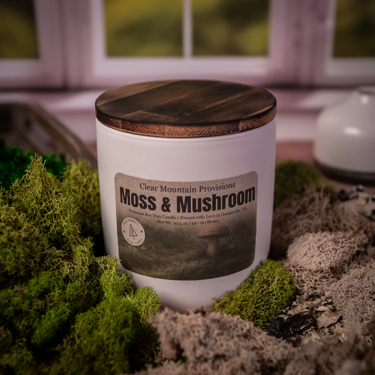 Moss and mushroom soy wax candle with earthy green and sandalwood fragrance