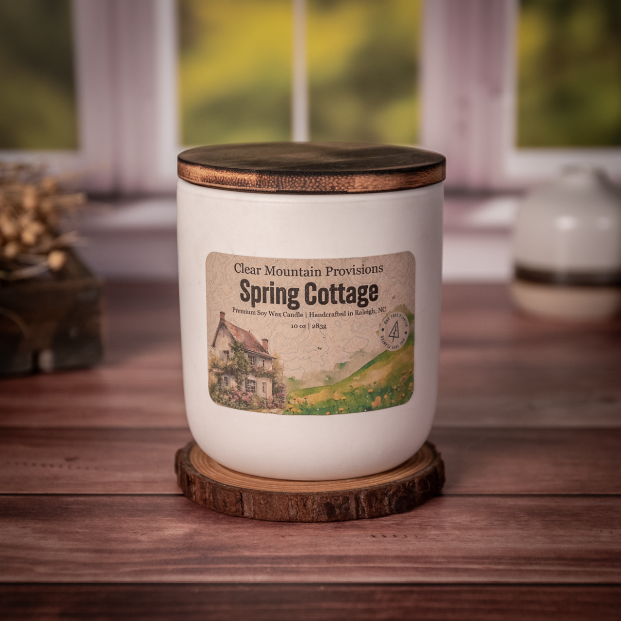 Spring Garden soy wax candle with lily of the valley, rose, and pear scent in eco-friendly jar