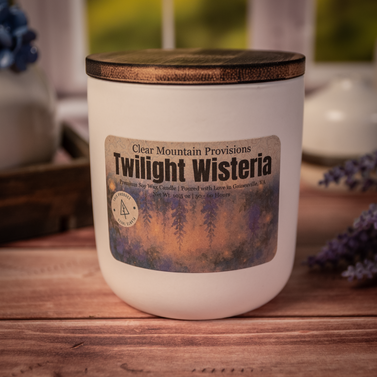 Twilight Wisteria soy wax candle with violet, freesia, and musk notes in ceramic and mason jars